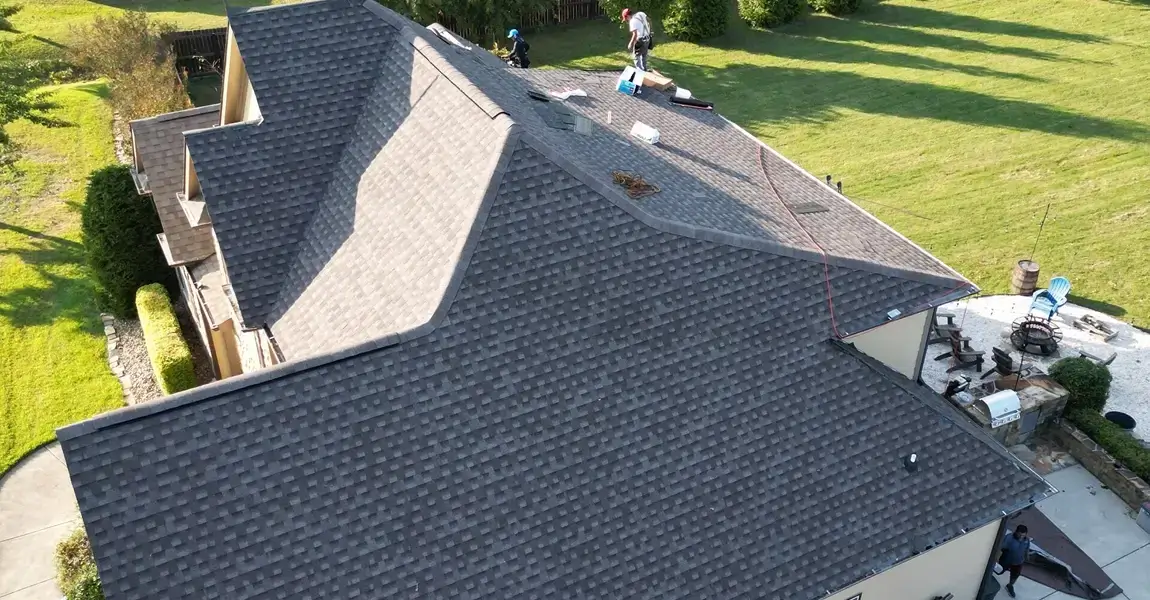 Drone view of a finished asphalt shingle roof